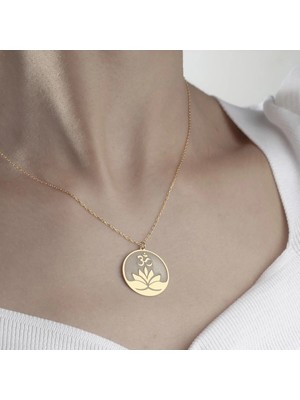 Özer Gümüş 925 Ayar Gümüş Zincirli Şık Plaka Lotus Çiçeği Kolye [ Özel Kutulu, Hediyelik Takı ]