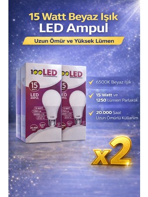 Verto LED Ampul 15 Watt Beyaz Işık 6500K Yüksek Lümen E27 Duy Uzun Ömürlü 2 Adet