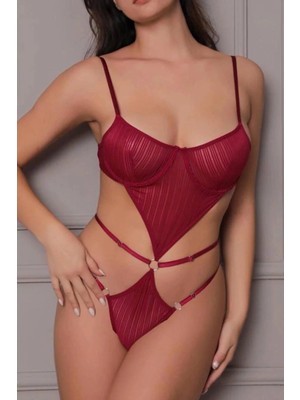 Beruflic Transparan Bordo Dekolteli Balenli Fantazi Iç Giyim Body