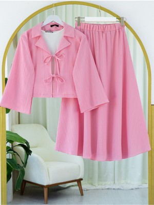 Moda Morfo Önü Bağlamalı Etekli Krinkıl Takım   -Pembe