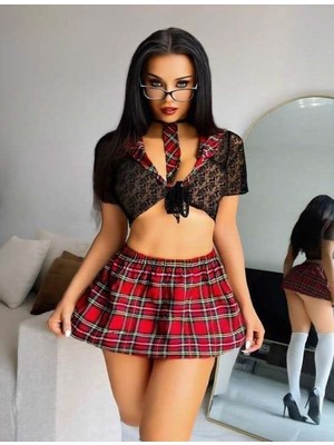 Mulvxbrf BRF02 Özel Tasarım Bordo Ekose Desenli Dantel Işlemeli  Mini Liseli Kostüm (Mulvix)