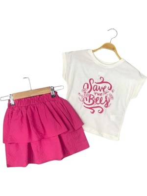 Waka Waka Kids Store Save The Bees" Baskılı Beyaz Tişört ve Kat Kat Pembe Etek Kız Çocuk Takım - Fuji