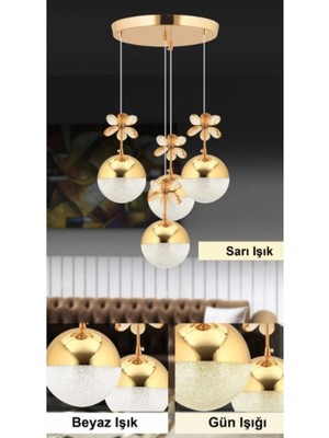 4'lü Şeker Toplu Rose Gold Kristal Taşlı 3 Renk Ledli Sarkıt Avize