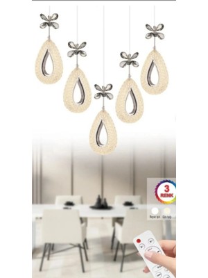 Damla 5 Li Gümüş Yemek Masası Üstü 3 Renk Ledli Kumandalı Modern Sarkıt LED Avize