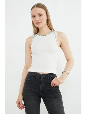 FullaModa Taşlı Fitilli Bisiklet Yaka Slim Fit Bluz