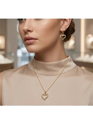 twingold Gold Renk Kalp Detaylı 3'lü Kolye Top Küpe Seti