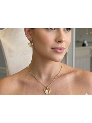 twingold Gold Renk Kelebek Detaylı 3'lü Kolye Top Küpe Seti