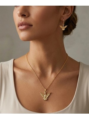 twingold Gold Renk Kuş Detaylı 3'lü Kolye Top Küpe Seti