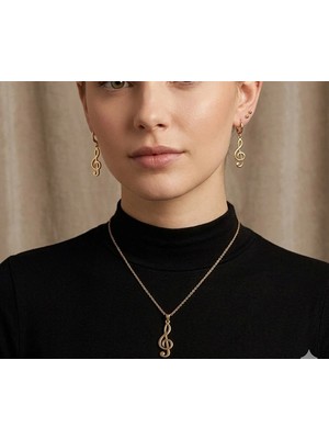 twingold Gold Renk Müzik Nota Detaylı 3'lü Kolye Top Küpe Seti