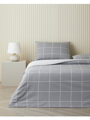 English Home Timeless Grid Kolay Ütülenir Çarşaflı Çift Kişilik Nevresim Takımı 200x220 cm Gri