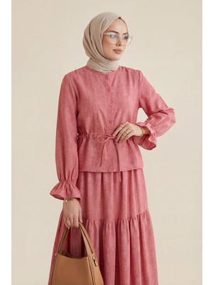 Moda Morfo Önü Düğmeli Kolu Lastikli Tünel Bağcıklı Keten Takım -Nar Çiçeği