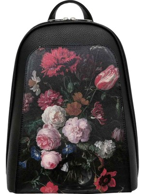 Dogo Kadın Vegan Deri Siyah Sırt Çantası - Black Floral Tasarım