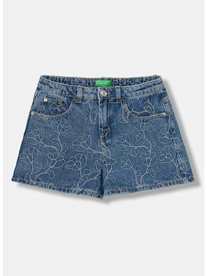 United Colors Of Benetton Lacivert Kız Çocuk Işlemeli Denim Şort 4985C904F