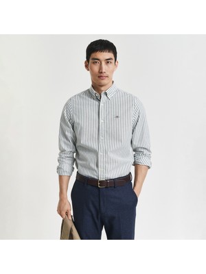 Gant Erkek Yeşil Slim Fit Düğmeli Yaka Çizgili Oxford Gömlek