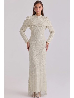 Olcay İnci ve Pul Desenli Exclusive Tesettür Abiye Elbise KREM 1090