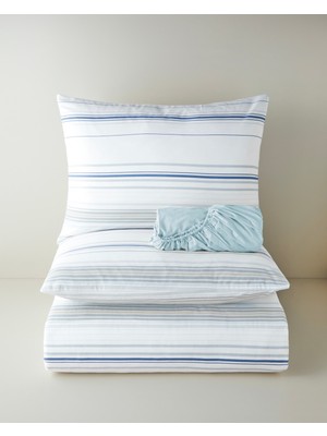 English Home Stria Kolay Ütülenir Çarşaflı Çift Kişilik Nevresim Takımı 200x220 cm Mavi - Bej