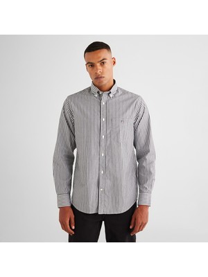 Gant Erkek Siyah Regular Fit Düğmeli Yaka Çizgili Poplin Gömlek