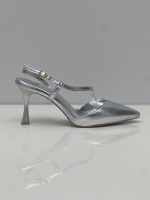Feles Kadın Gümüş Arkası Açık Topuklu Ayakkabı Gümüş Ince Topuklu Stiletto - 7 cm Topuk - Podeia Estilo