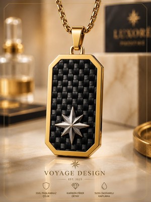 Voyage Accessory Premium Tasarım Karbon Fiber Detaylı Gold Çelik Kuzey Yıldızı Pusula Kolye