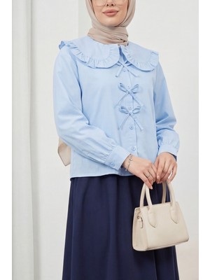 Moda Morfo Bebe Yaka Kurdele Detaylı Gömlek  -Bebe Mavi
