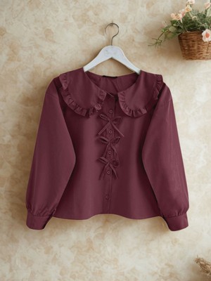 Moda Morfo Bebe Yaka Kurdele Detaylı Gömlek  -Bordo