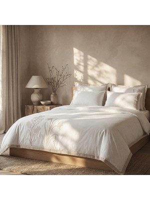 Ecocotton Leda Çift Kişilik Nevresim Takımı %100 Organik Pamuk Keten Nakışlı Krem 200X220 cm