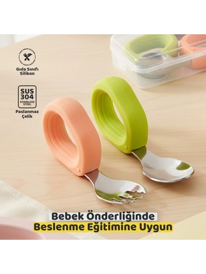 Guqqo Bebek Çatal Kaşık Seti, Paslanmaz Çelik, Silikon Saplı, Pudra Yeşil