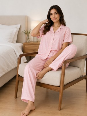 Balis Pijama Kadın Pembe Bordo Gri Kalp Desenli Ekoseli Kurdele Seçenekli Kısa Kollu Pijama Takımı Rahat Şık Zarif Terletmez Iç Göstermez Yumuşak Dokulu Ev Giyim Seti Hediyelik Bayramlık Alt Üst Takım Homewear