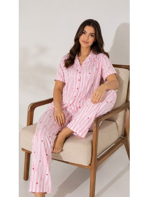 Balis Pijama Kadın Pembe Bordo Gri Kalp Desenli Ekoseli Kurdele Seçenekli Kısa Kollu Pijama Takımı Rahat Şık Zarif Terletmez Iç Göstermez Yumuşak Dokulu Ev Giyim Seti Hediyelik Bayramlık Alt Üst Takım Homewear