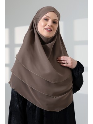 İhvan Online Tesettür Şifon Peçeli Üç Katlı Oval Sufle Khimar, Pratik Hijab Şal - Vizon (ZN1704)