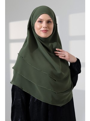 İhvan Online Tesettür Şifon Peçeli Üç Katlı Oval Sufle Khimar, Pratik Hijab Şal - Haki Yeşil (ZN1704)