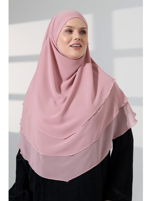 İhvan Online Tesettür Şifon Peçeli Üç Katlı Oval Sufle Khimar, Pratik Hijab Şal - Pembe (ZN1704)