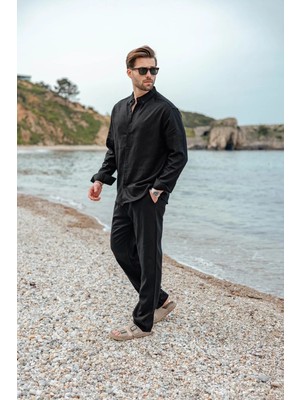 Madmext Siyah Rahat Kesim Keten Erkek Gömlek Pantolon Takım E7362