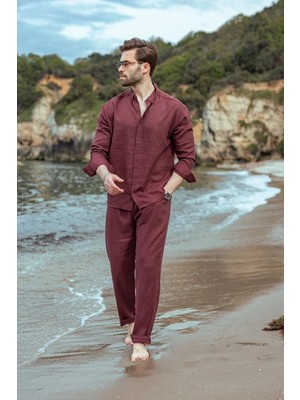 Madmext Bordo Rahat Kesim Keten Erkek Gömlek Pantolon Takım E7362