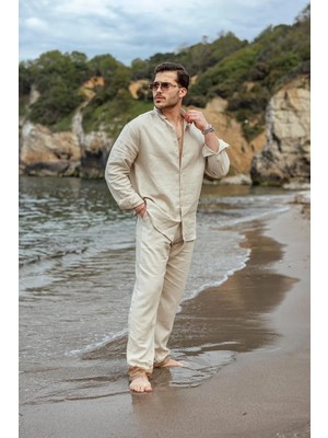 Madmext Bej Rahat Kesim Keten Erkek Gömlek Pantolon Takım E7362