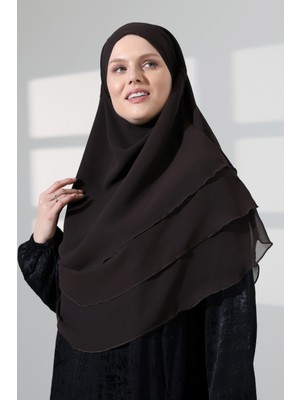 İhvan Online Tesettür Şifon Peçeli Üç Katlı Oval Sufle Khimar, Pratik Hijab Şal - Kahverengi (ZN1704)