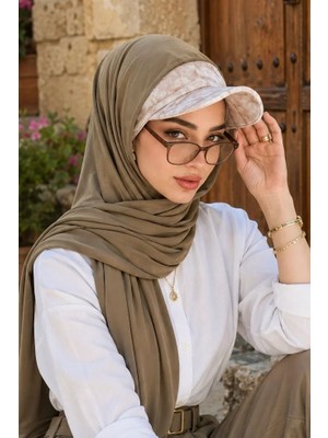 Aişe Tesettür Haki Taş Desen Kepli Bandana Şapka Şal