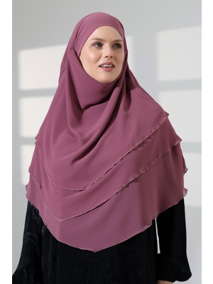 İhvan Online Tesettür Şifon Peçeli Üç Katlı Oval Sufle Khimar, Pratik Hijab Şal - Gül Kurusu (ZN1704)