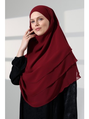İhvan Online Tesettür Şifon Peçeli Üç Katlı Oval Sufle Khimar, Pratik Hijab Şal - Mürdüm (ZN1704)