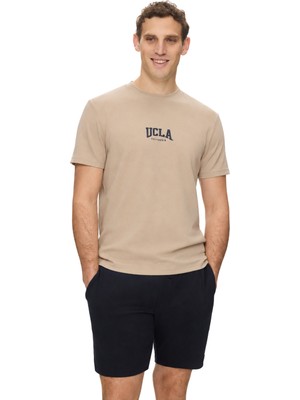 Ucla Angelo Koyu Bej Bisiklet Yaka Baskılı Yumuşak Dokulu Modal Kumaş Standard Fit Erkek Tshirt