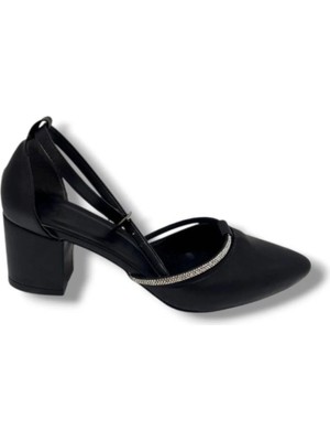 Mergenshoes T011 Siyah Taşlı 5 cm Kalın Topuk Kadın Ayakkabı