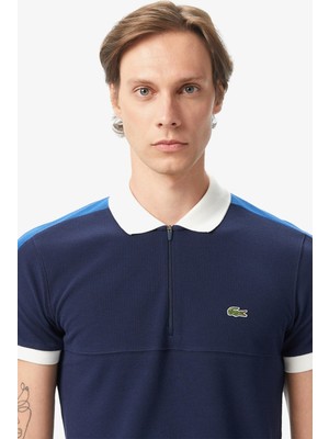 Lacoste Men's Regular Fit Zippered Polo T-Shirt Erkek Fermuarlı Polo Yaka Renk Bloklu Tişört Lacivert