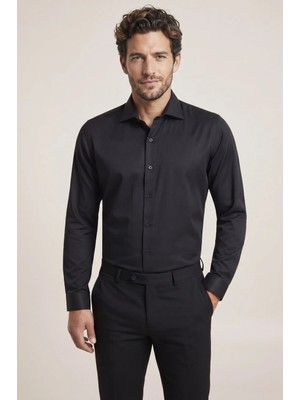 Efor Slim Fit Italyan Yaka Pamuklu Kolay Ütülenebilir Siyah Gömlek Gk 761