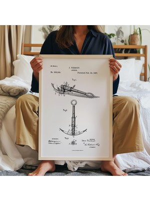 Pegziz Çapa Patent Teknik Çizim Tablo Vintage Denizcilik Duvar Dekor Tablosu
