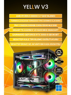 Gamers Arena Yllw V3 Rtx 3050 Ryzen 5 5600X 16 GB Ram Ddr4 512 GB M2 SSD 650W Gen5 Oem Paket