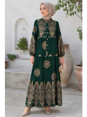 İmaj Butik Zümrüt Yarım Düğmeli Kol Lastikli Viskon Elbise