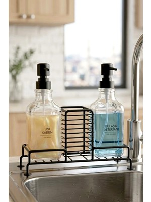 Kitchen Life 2'li Tezgah Üstü Metal Standlı Sünger Hazneli Sabunluk 500 Ml-Mutfak Banyo Evye Yanı Sabunluk Seti