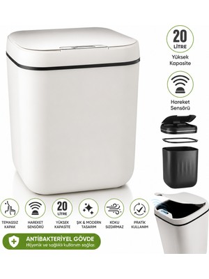 Eco Lounge Akıllı Çöp Kovası, Büyük Boy 20 Litre, Uv Işık ve Sensörlü, Haraket Algılayan, Sessiz Kapak