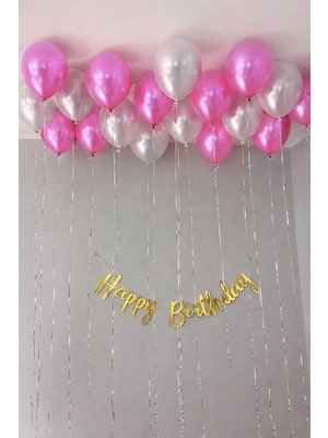 Boxland Happy Birthday Gold Yazı Banner Balon Seti Pembe Beyaz Metalik Balon Parti Süsleme Seti Doğum Günü