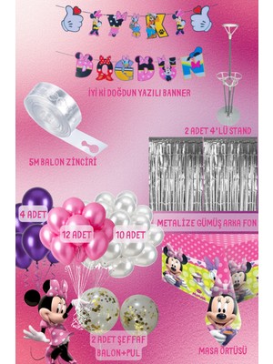 Boxland Minnie Mouse Doğum Günü Parti Malzemeleri Seti – Balon, Banner, Masa Örtüsü, Balon Standı